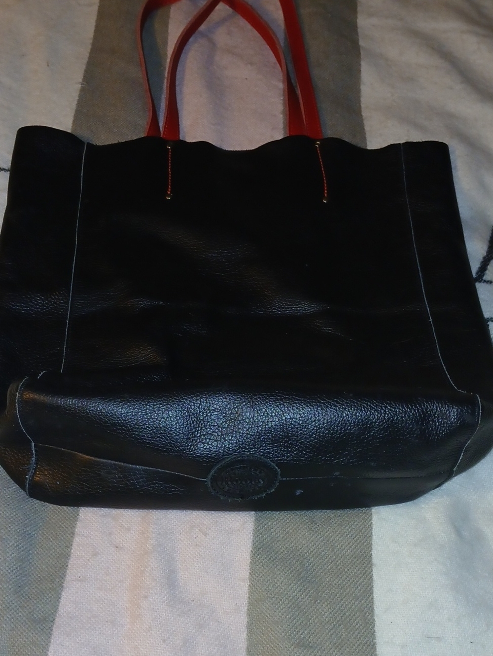 Roots Black Leather Tote with Red Handles